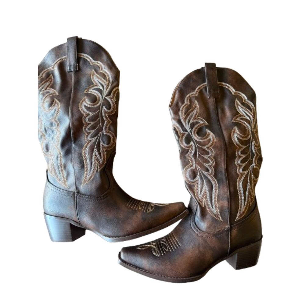 Western Cowboy Boots Brown Embroidered Mid-Calf Block Heel Boots Size 9.5 NIB